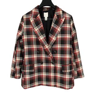 H&M Women's Double-Breasted Red Black Plaid Business Casual Blazer Jacket Sz 12